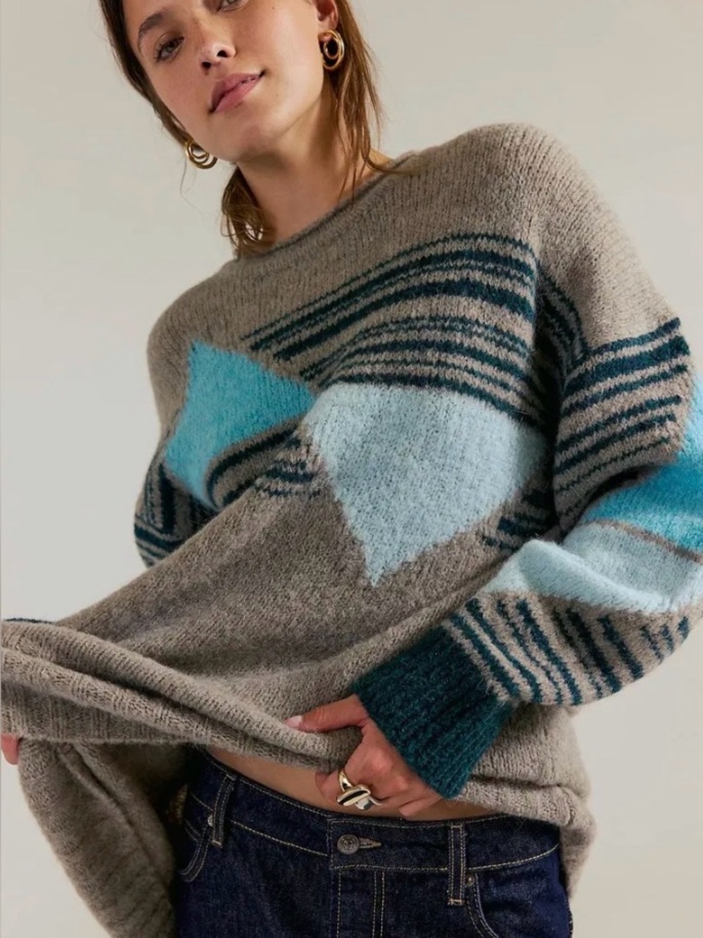 Free People Alpaca Blend Oversized Geometric Striped Sweater Tunic M/L